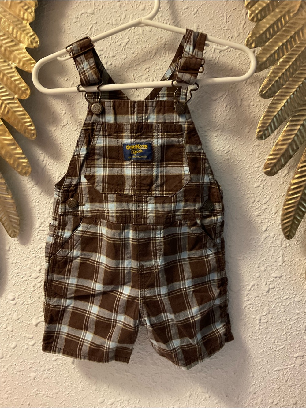 Oshkosh B'Gosh Blue, Brown, and White Plaid Overalls, Size 12 Months